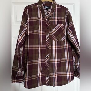 Women’s Duluth Alaskan Hardgear Brown Plaid Button-Up Shirt Sz L